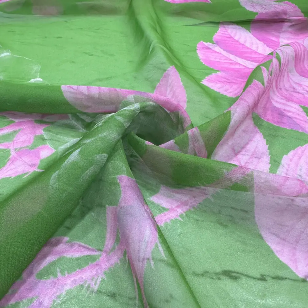 Pembe Yapraklı Şifon Kumaş
