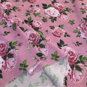 Pembe Çiçek Desenli Özel Tasarım Keten Kumaş Pembe Çiçek Desenli Özel Tasarım Keten Kumaş