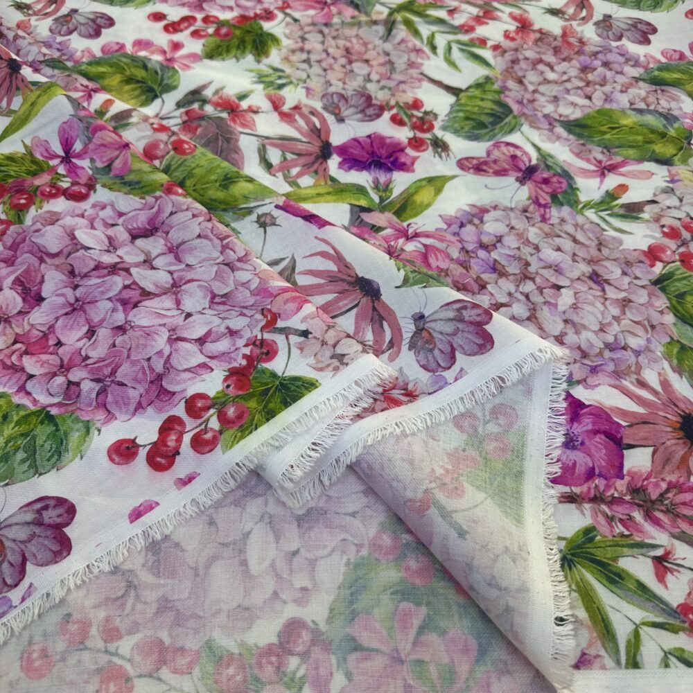 Pembe Ortanca Desenli Özel Tasarım Keten Kumaş