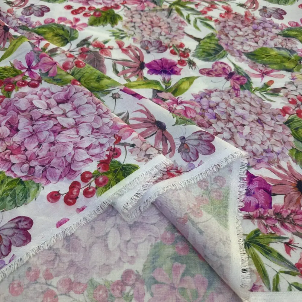 Pembe Ortanca Desenli Özel Tasarım Keten Kumaş