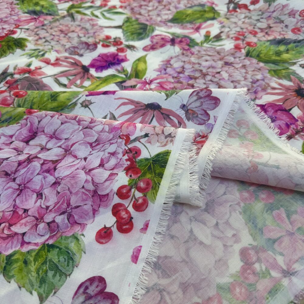 Pembe Ortanca Desenli Özel Tasarım Keten Kumaş Pembe Ortanca Desenli Özel Tasarım Keten Kumaş